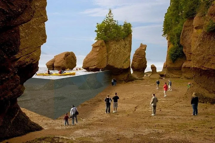 Collage showing kayakers at high tide and walkers at low tide at Hopewell Rocks.